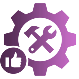 Lila Farbverlauf-Zahnradsymbol mit Hammer, Schraubenschlüssel und nach oben zeigendem Daumen.