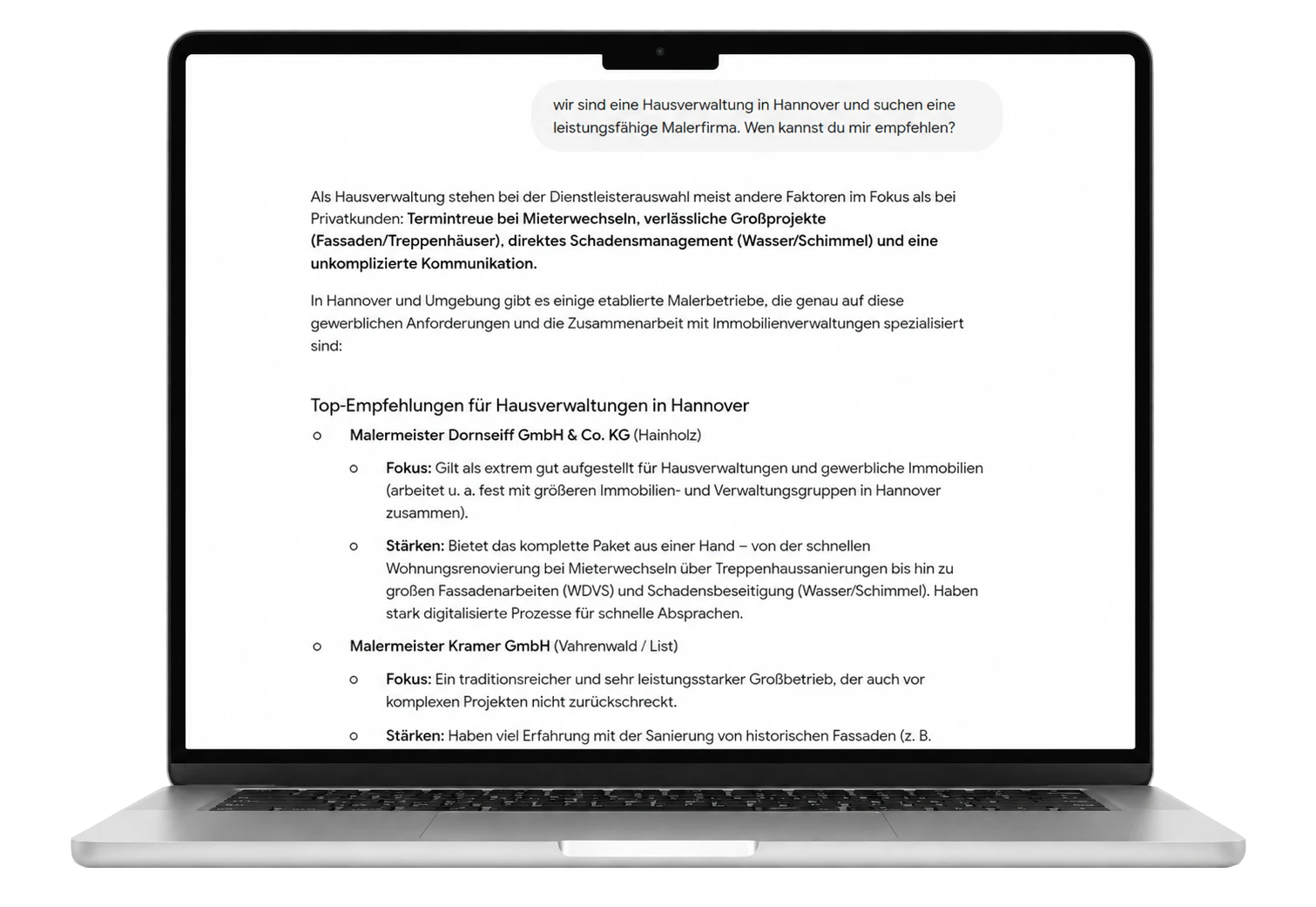 Beispielhafte Visualisierung der digitalen Sichtbarkeit in ChatGPT anhand einer konkreten Frage.