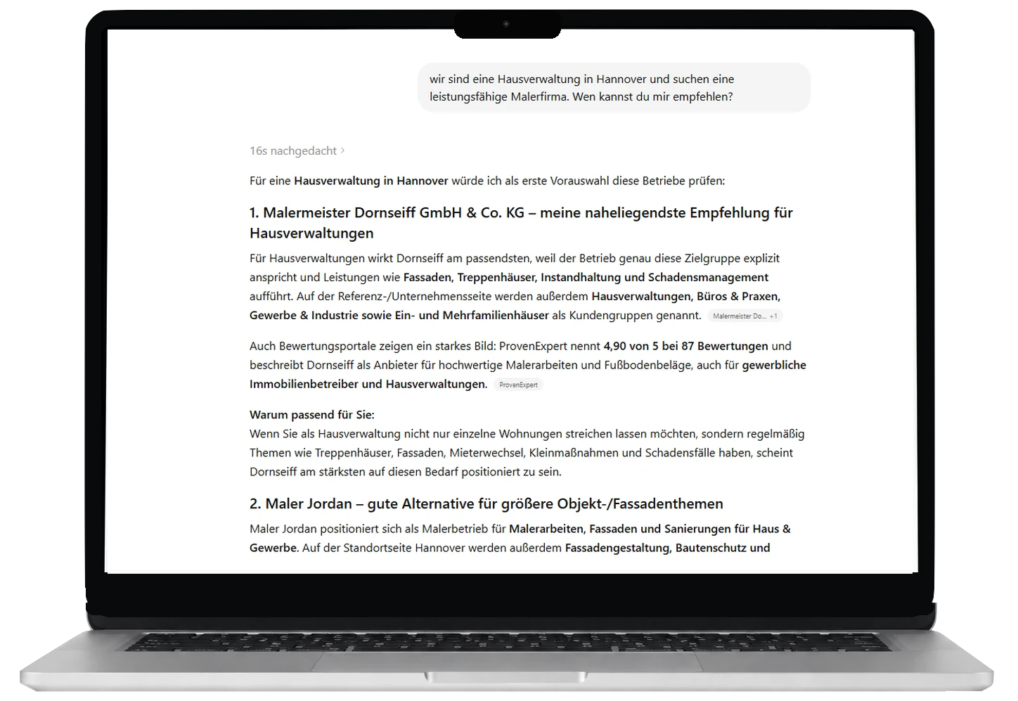 Analyse der Sichtbarkeit eines Unternehmens in ChatGPT, Google AI Overview, Gemini, Claude und Perplexity.